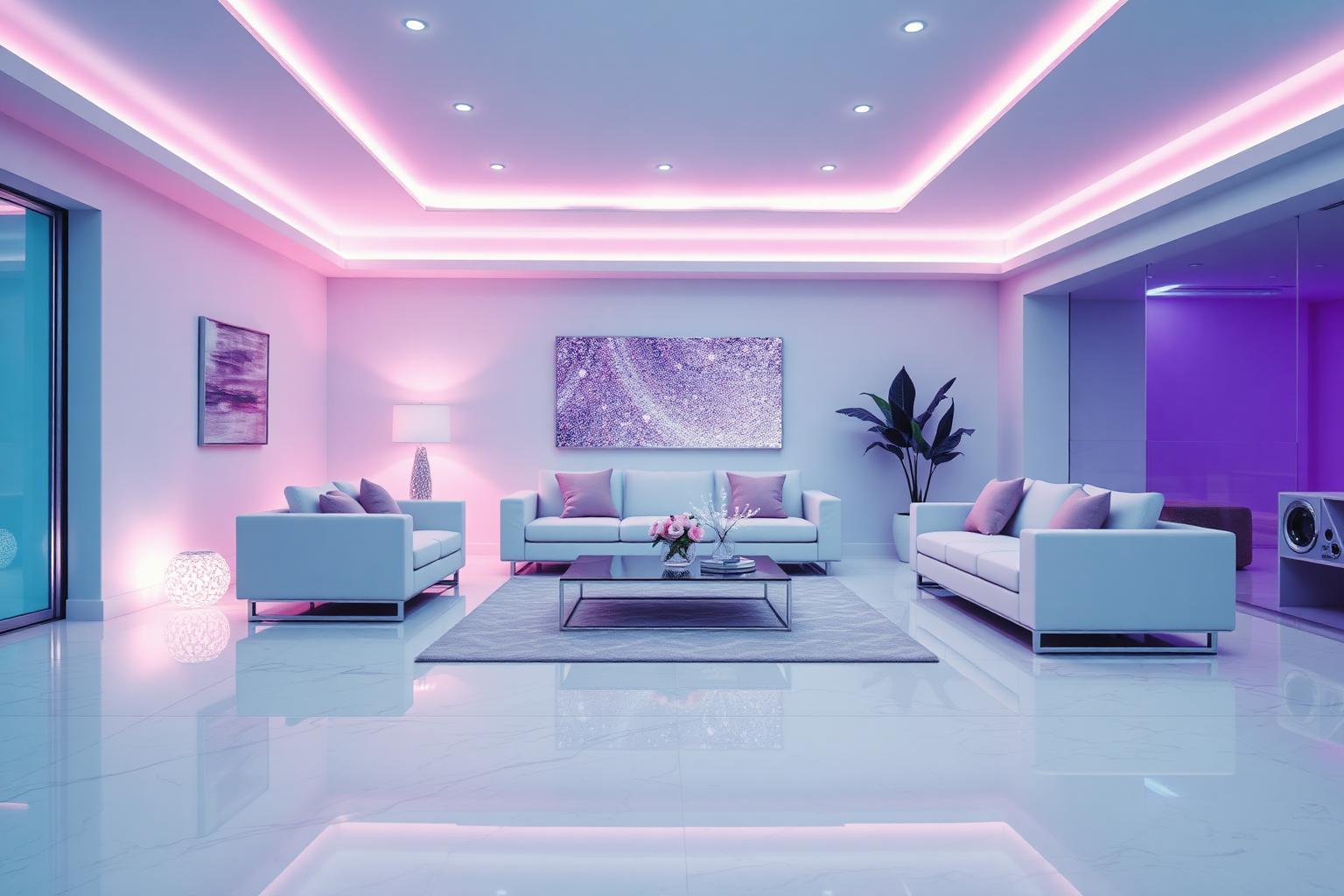 Sparkling clean modern living room with pink and purple glow